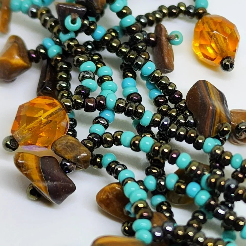 Artisan Turquoise Amber Tiger Eye 6 Strand Beaded Statement Collar Necklace